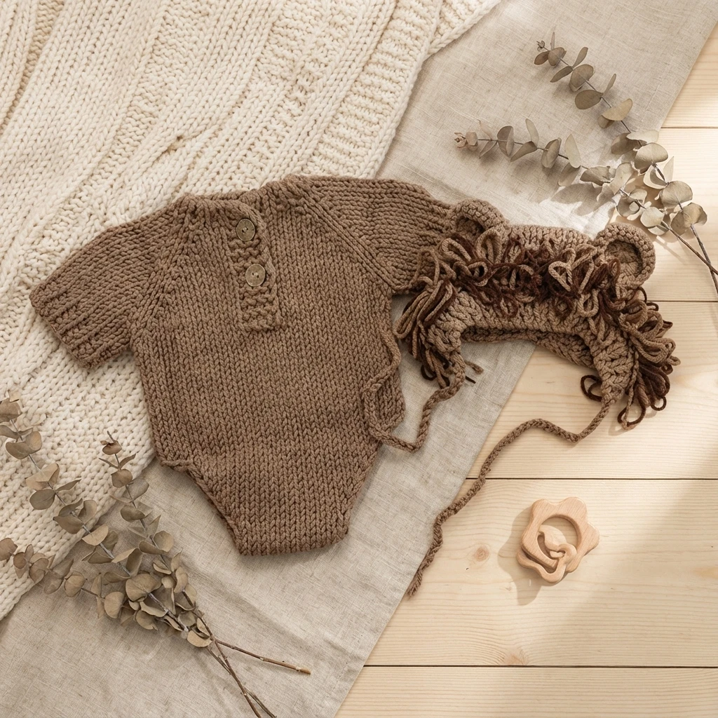 수제 니트  사자 사진 소품 세트  동물 의상 롬퍼 모자  남아 여아 사진 촬영 의상 선물