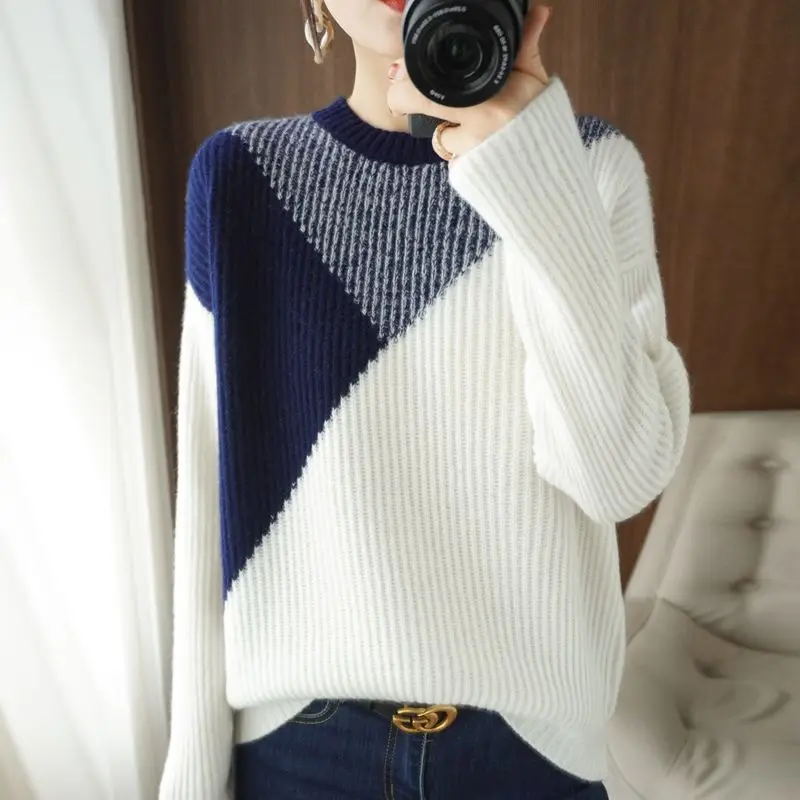 

Fashion O-Neck Knitted Spliced Loose Korean Color Sweater Women's Clothing 2022 Autumn New Casual Pullovers All-match Warm Tops