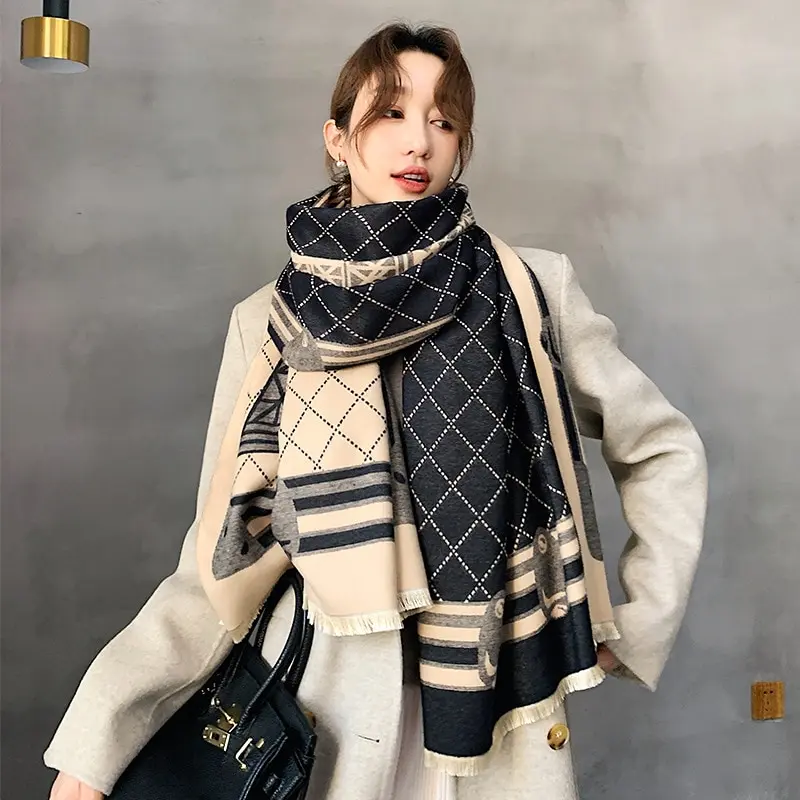 Warm Scarf for Women Winter Casual Fashion Printing Tassel Soft Muffler  Houndstooth Neckerchief Travel Faux Fur Shawl