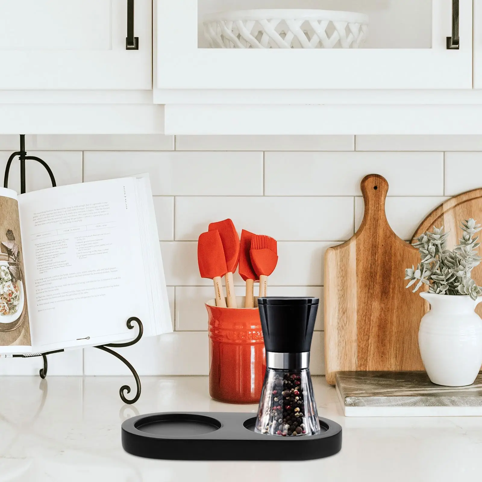 Black Wooden Salt and Pepper Mill Tray Acacia Wood Tray Peper Mill Holder Mills & Shakers Salt & Pepper Grinder Rest for 2 Mills 4