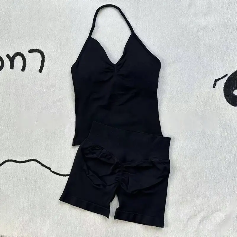Women Gym Suit Clothes Longline Strappy Top Bras Seamless High Waisted Shorts Sports 2PCs Fitness Suit Running Workout Yoga Set - Image 3