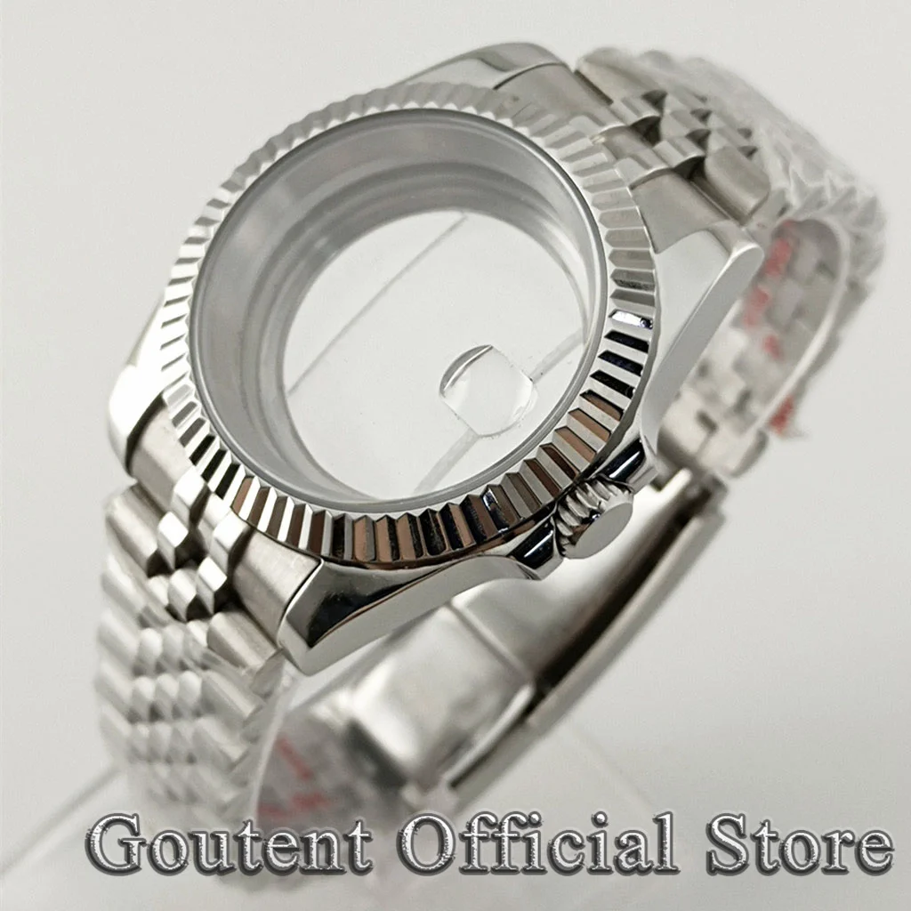

Goutent 39mm Sapphire Glass Silver Men's Sliding Lock Watch Case Fit NH34 NH35 NH36 ETA 2824 PT5000 ST2130 Movement
