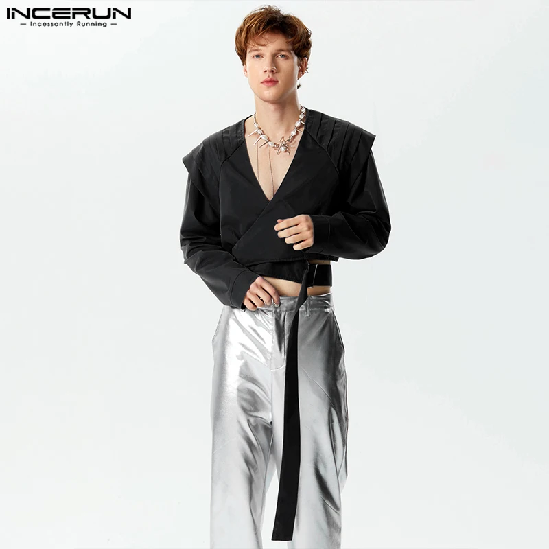 

INCERUN Tops 2023 Handsome New Men silhouette Cropped Cross Design Jacket Male Party Shows Solid Color Long Sleeved Jacket S-5XL