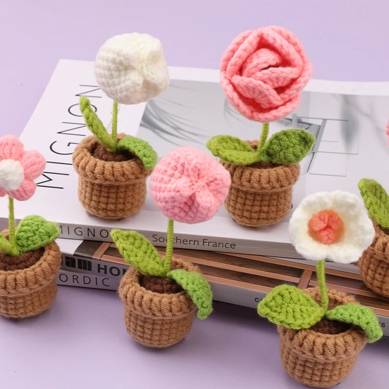 KRABALL Flowers Plant Potted Crochet Knitting Kits With Yarn Thread,Hook,Markers,Instructions,For DIY Beginners Knit Tool Set
