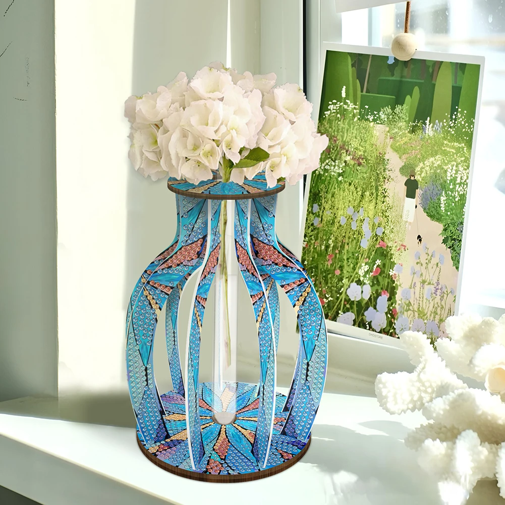 Wood Blue Pink Diamond Painting Flower Vase Diamond Painting Tabletop Ornaments Kit Desktop Diamond Art Kits Bedroom Table Decor