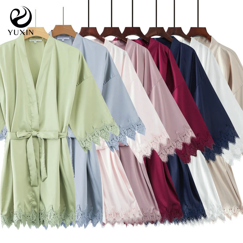 

2021 New Matt Satin Lace Robe with Trim Gown Bridal Wedding Bride Bridesmaid Kimono Robe Bathrobe Satin Robes Women