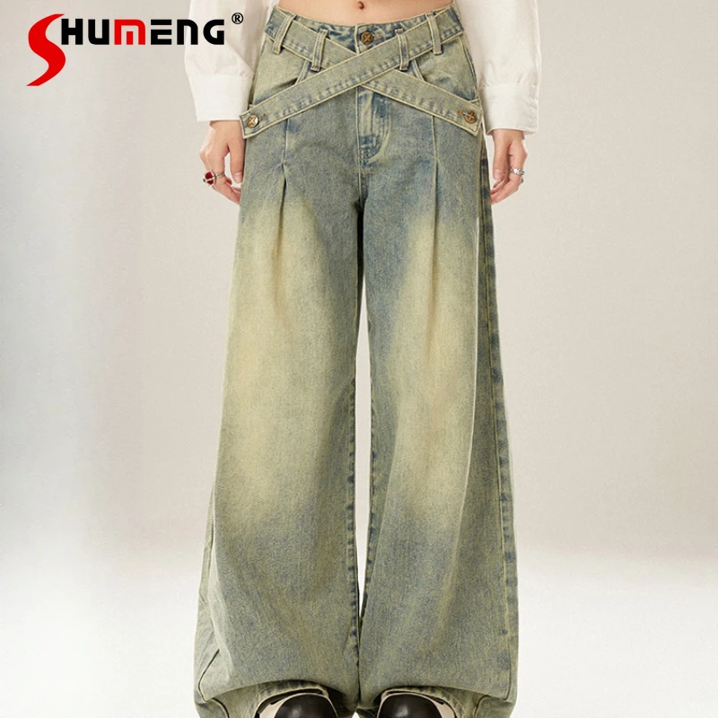 

New Japanese Style Straight Baggy Jeans Trousers Women's Spring Design Cross Belt Washed And Worn Loose Wide Leg Mop Denim Pants