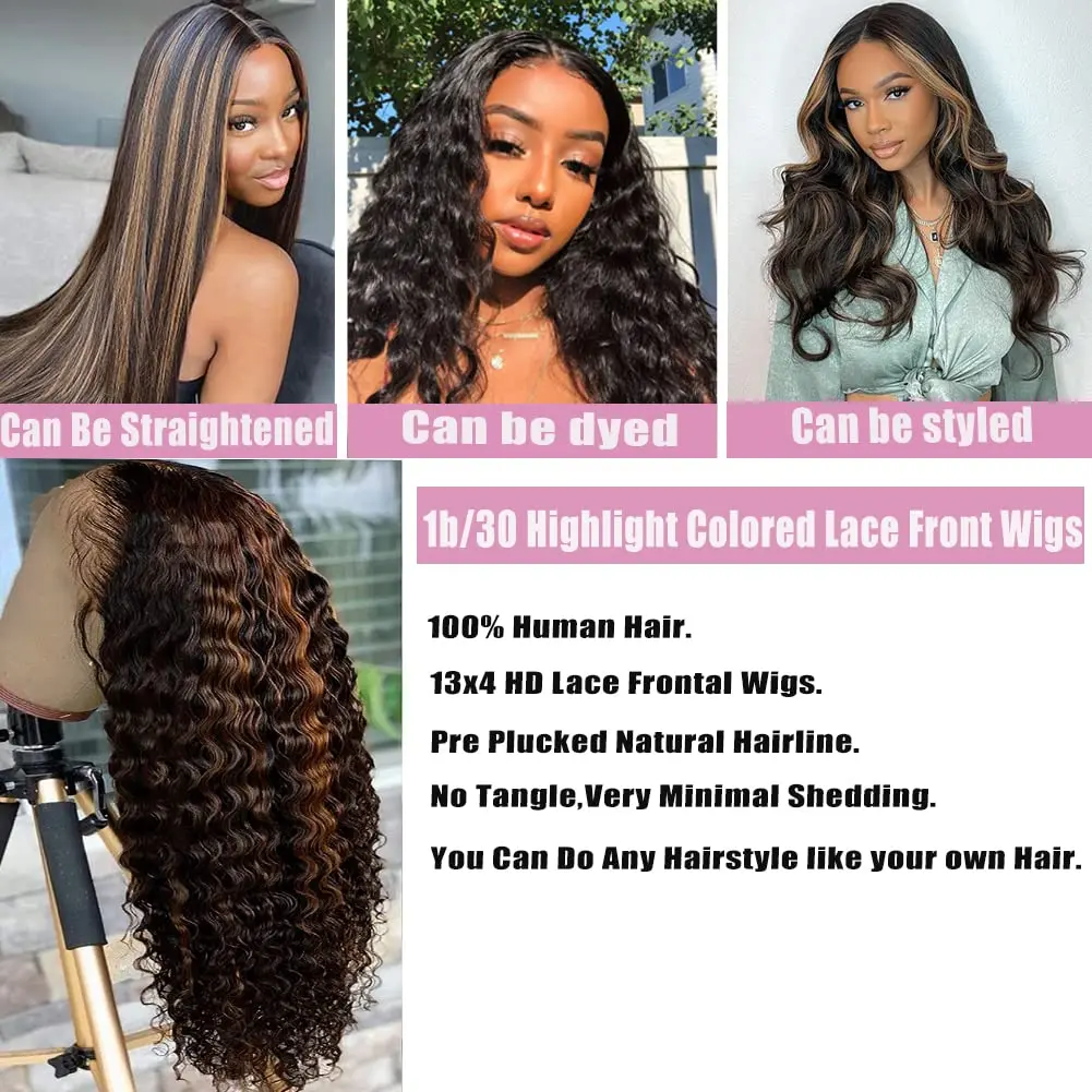 1B/30 Highlight Ombre Lace Front Wig Human Hair 200 Density Deep Wave 13x6 HD Transparent Lace Frontal Wigs Human Hair For Women