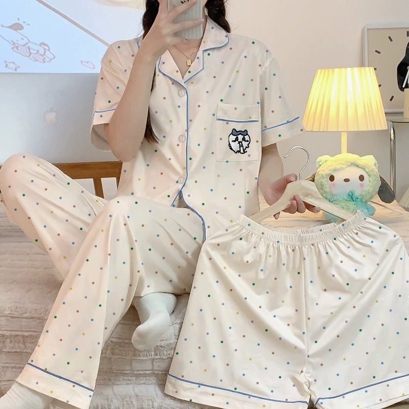Colorful polka dot women's pajamas spring and autumn season new short-sleeved shorts pants girls homewear three-piece set