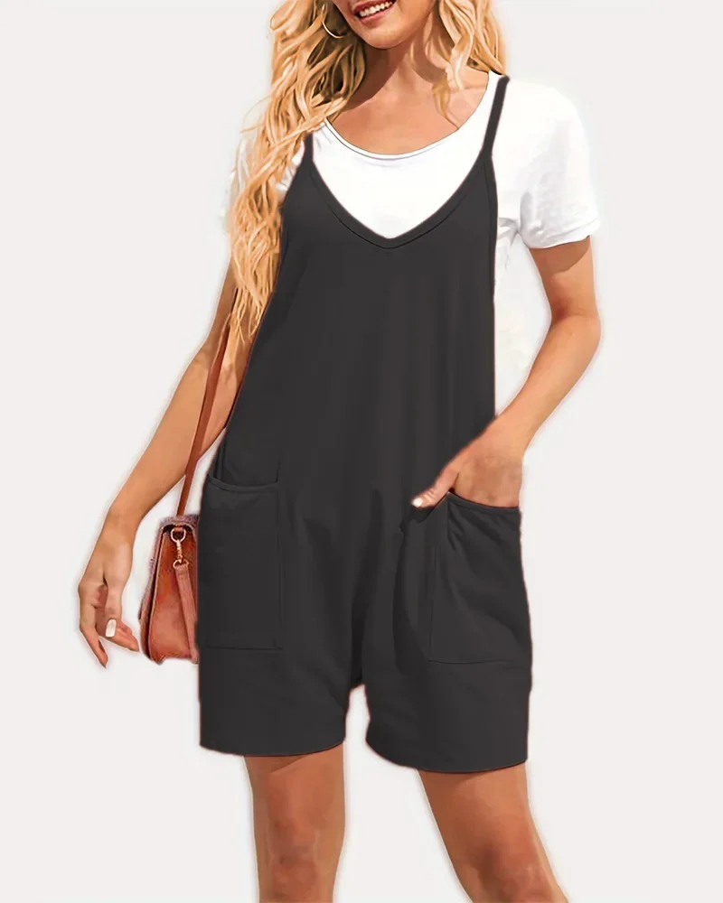 Jocoo Jolee Overalls Women Shorts Casual Black Loose Rompers Wide Leg Jumpsuit with Pockets for Women Summer