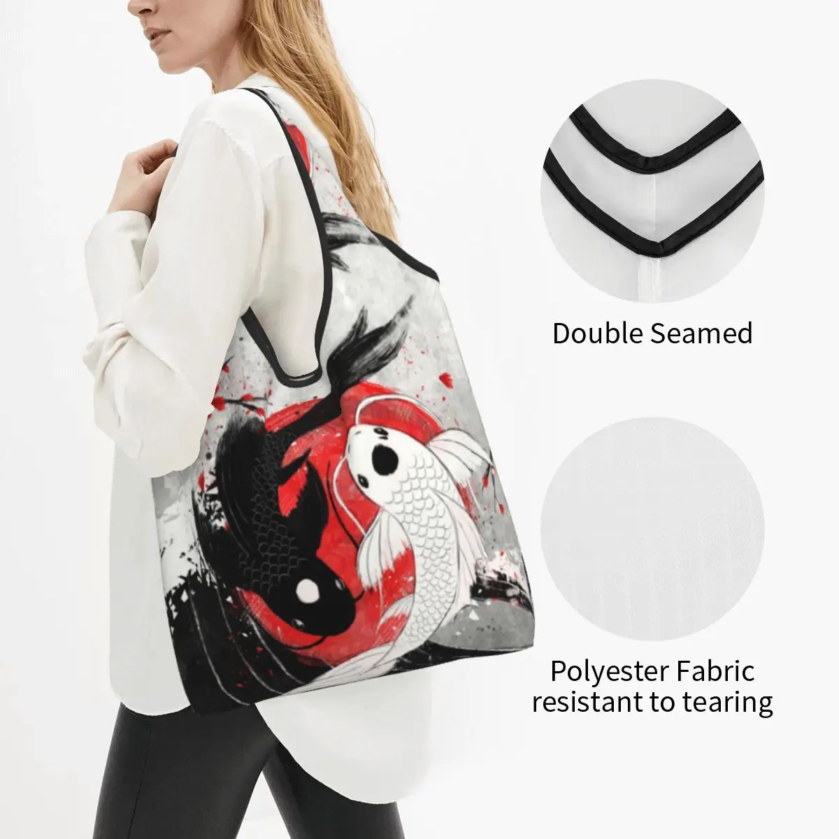 Cute Koi Fish Yin Yang Shopping Bags Women Portable Big Capacity Groceries Japanese Sakura Floral Tote Shopper Bags