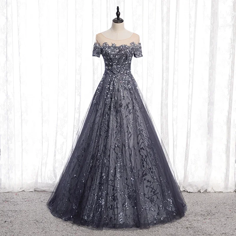 

New Short Sleeve Lace O-Neck Elegant Evening Dress Sequins Embroidery A-Line Floor-Length Backless Party Formal Gown Woman B312