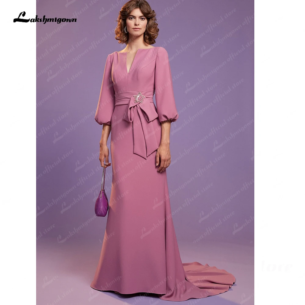 

Vintage Mother of the Bride Dresses V Neck Half Sleeves Bow A-Line Floor-Length Wedding Party Dress Robe De Mariee