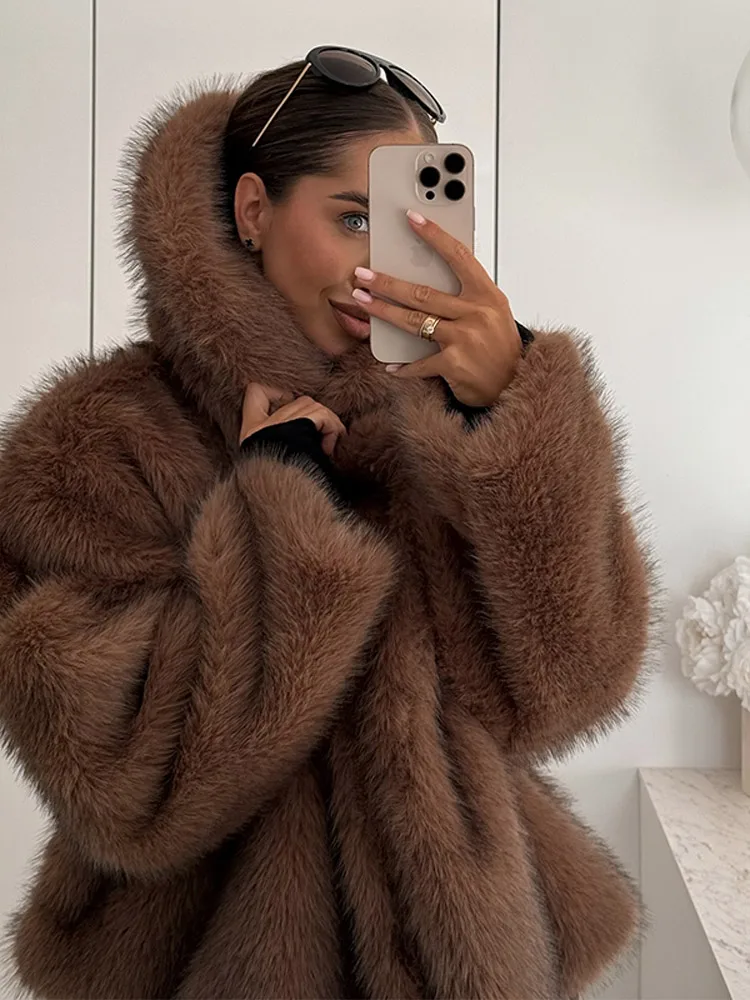 Oversized Brown Fluffy Faux Fur Coats For Women Winter Autumn Loose Lapel Cardigan Jacket 2024 New High Street Warm Outwear 3