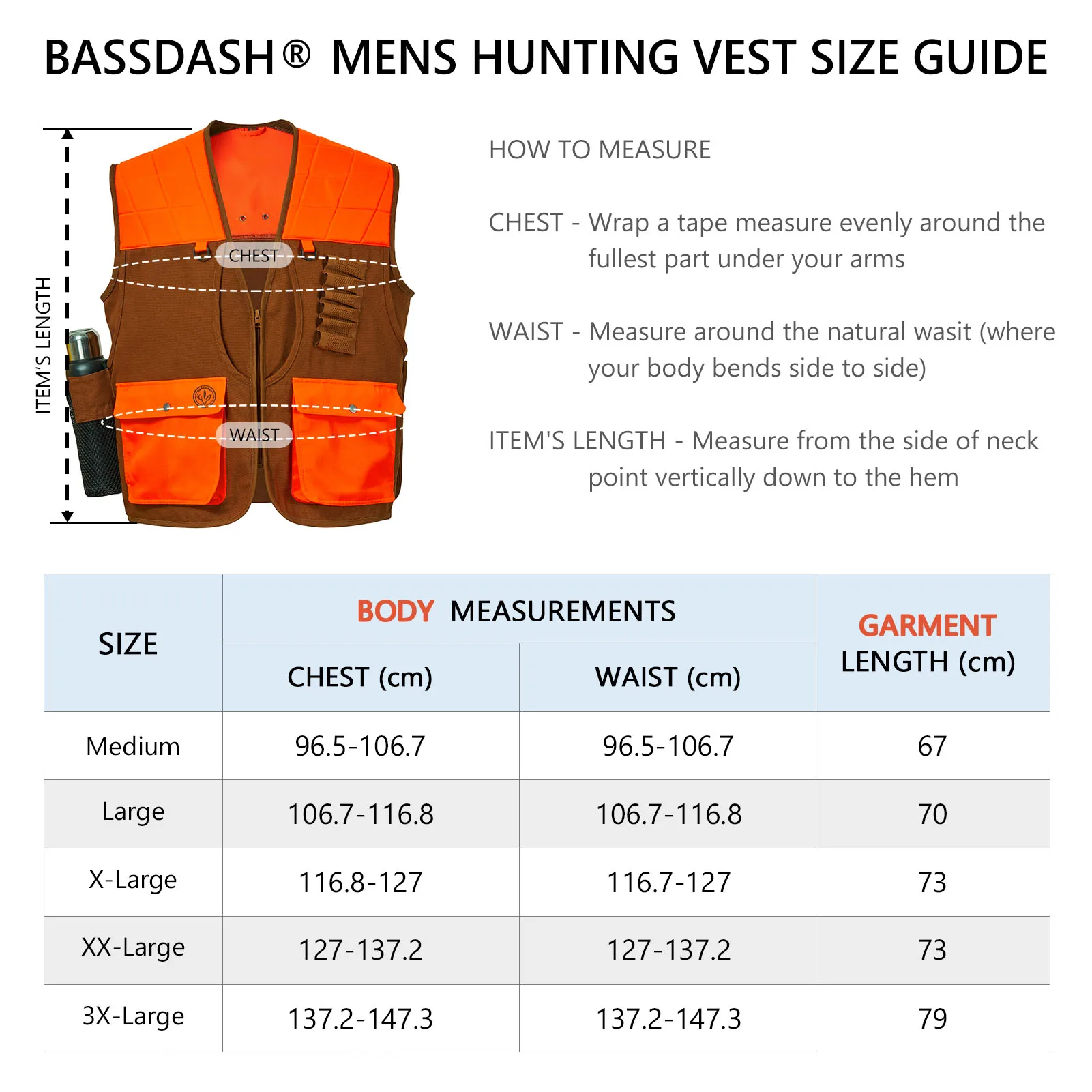 Bassdash 남녀공용 고지대 게임 필드 방수 조류 사냥 조끼, 멀티 포켓, 갈색 및 주황색, FV11