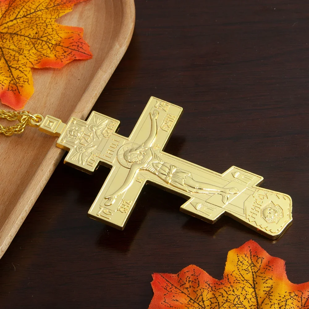 Pectoral Cross Necklace Christ Pendant Gold Cross Necklace Orthodox Jesus Cross Jesus Crucifix Gold Plated Pectoral Cross Pendant Necklace for Priest Bishop Religion Gift