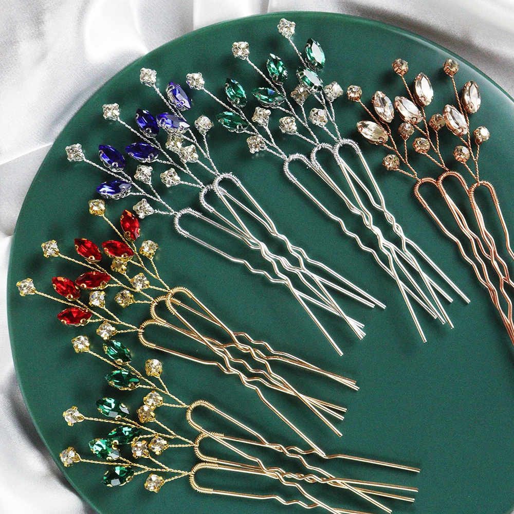 Wedding Hair Accessories Hair Pin for Women Head Jewelry Bridal Headwear Prom Bride Headwear Green Handmade 3PCS Red Rhinestone