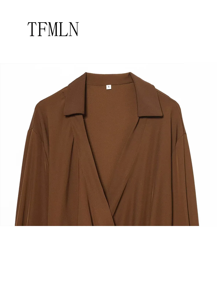 Women's Solid Causal Blouses 2026 Spring Summer New Brown Color Long Sleeve Lace Up Decorated V-Neck Shirt Sexy Fashion Tops