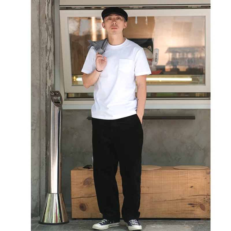 

Simons Vintage Heavy Combed Cotton Pocket T-Shirt Amekaji Solid Color Round Neck T-Shirt