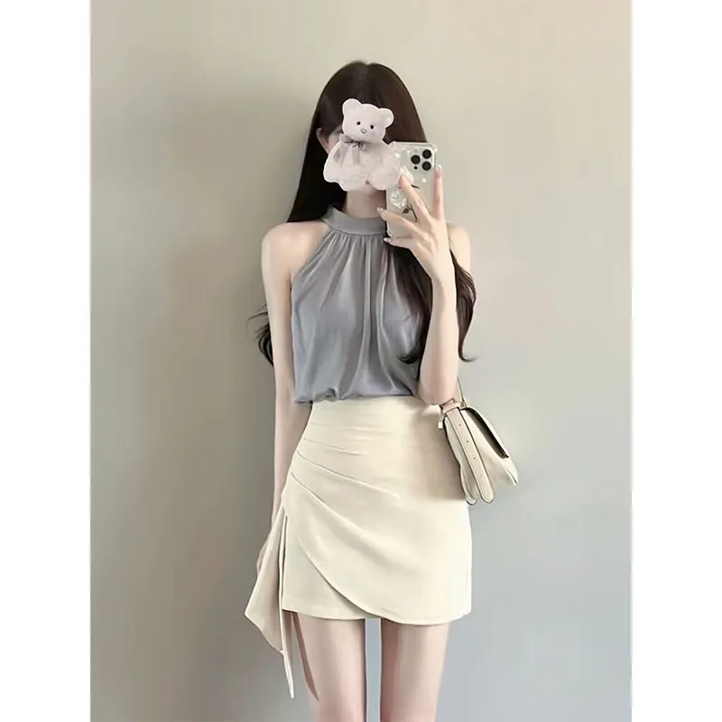 Summer 2023 2 Piece  Set WomenSleeveless Short Sleeve Blouse + Mini Skirts Fashion Suit Office Lady Korean Fashion blouses ruffled button flare sleeve blouse in orange size l m s xl