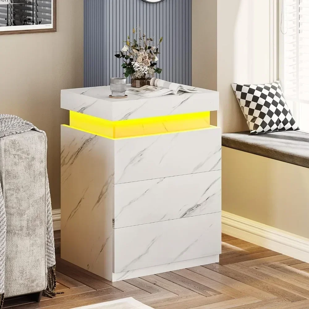 Nightstand with Charging Station and LED Lights,Night Stand with Sliding Top for Bedroom,Bedside Table with Drawers,Modern End 4