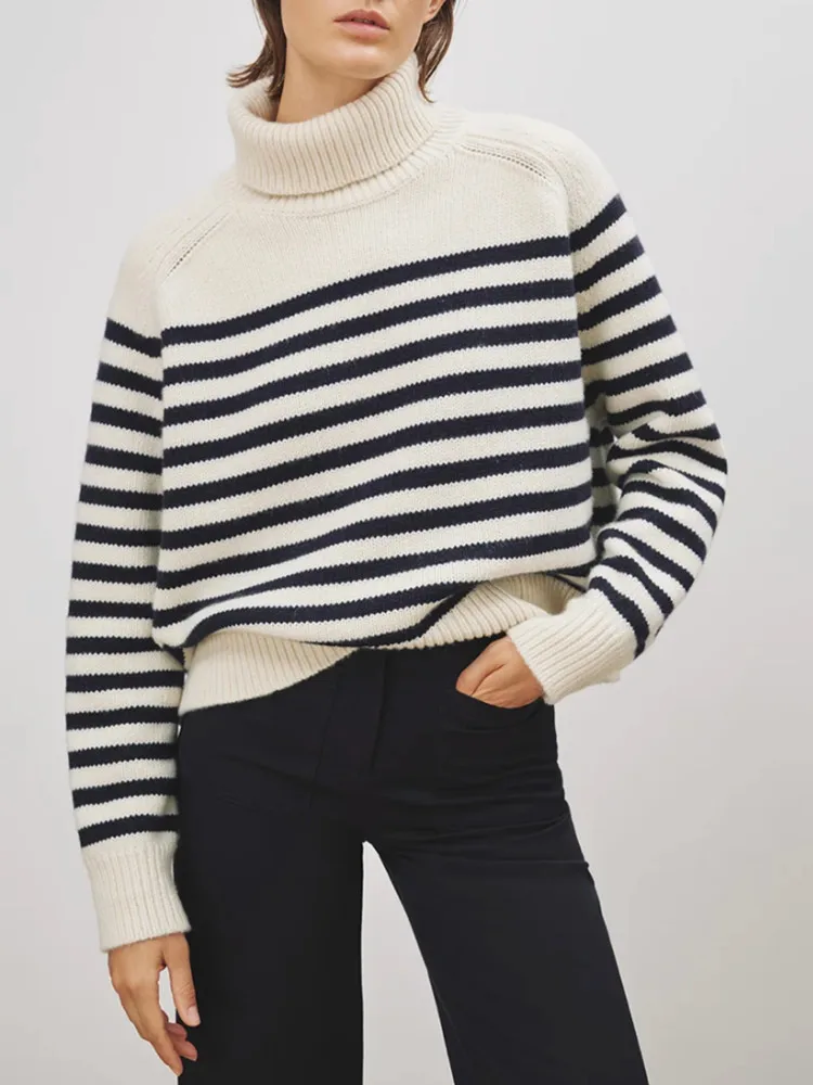 

Spring 2024 New Women Turtleneck Stripes Knit Sweater Wool and Cashmere Knitwear Top Long Sleeve Casual Lady Jumper