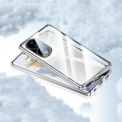 Double - Sided Magnetic Glass Phone Case with 360° Full Protection and Privacy Shield for Honor 90 Pro (HJ Silver)