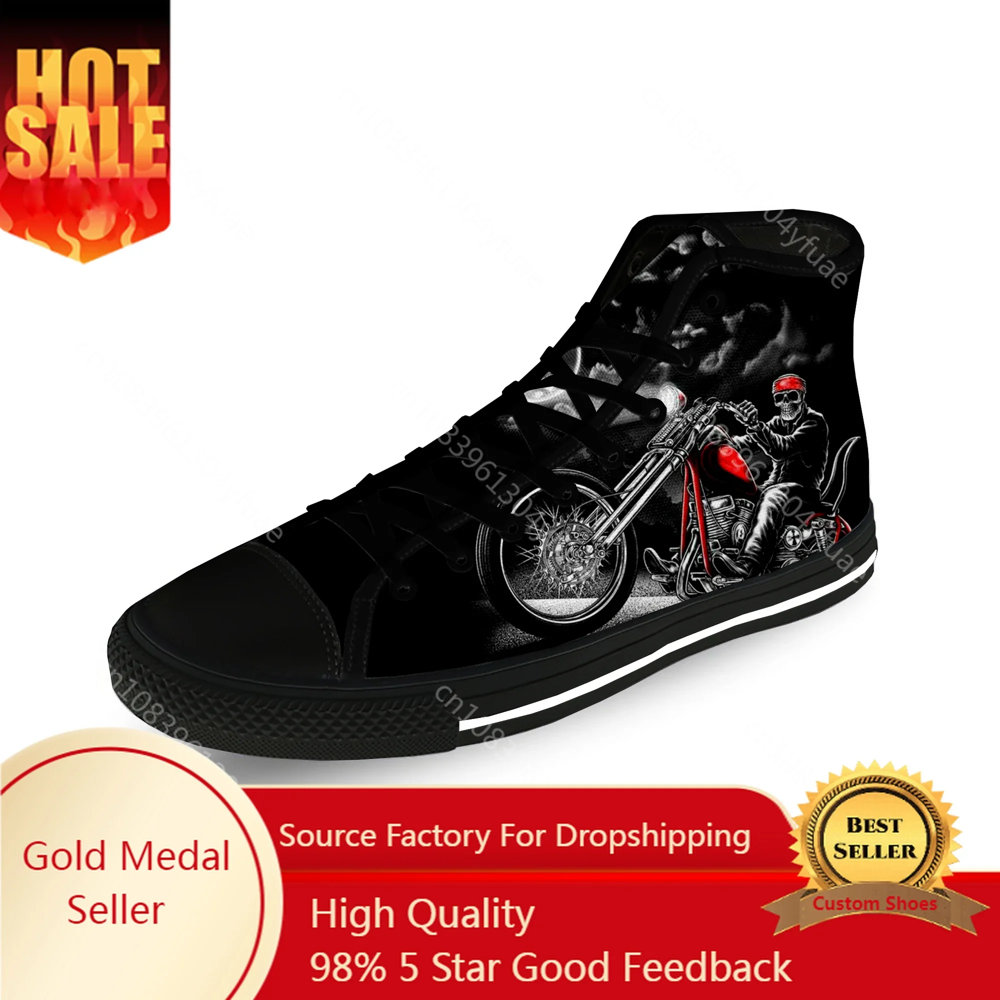 Motorcycle Skull Punk Funny Cool Casual Cloth Fashion 3D Print High Top Canvas Shoes Men Women Lightweight Breathable Sneakers