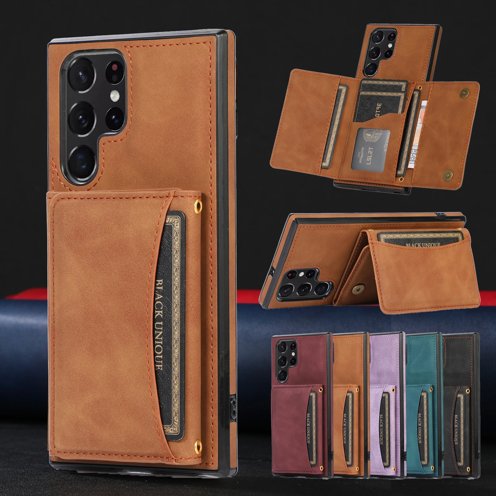 

Triple Folded Matte Leather Wallet Case for Samsung S23 Ultra S22 Plus S21 A53 A12 A33 A14 A52S Card Slots Kickstand Flip Cover