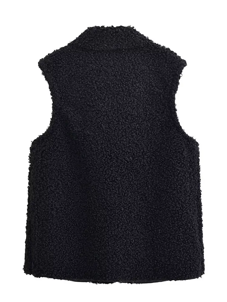 HH Women Vintage Black Faux Fur Leather Waistcoat Elegant Faux Wool Fleece Sleeveless Zipper Vest Female Fashion Streetwear