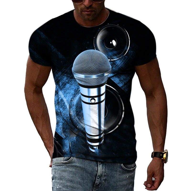 Лятна мода Музикален елемент Модел Тениска Хип-хоп Тенденция Микрофон 3D печат Топ Ежедневни мъжки О-образно деколте Облекло с къс ръкав