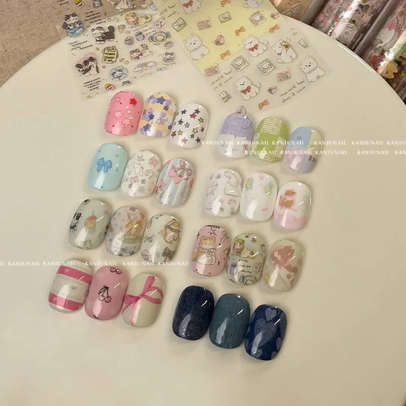 카니우 한국 스타일 핸드 드로잉 봄 네일 전사지 귀여운 소녀 패치워크 별 & 사랑스러운 애완동물 네일 장식
