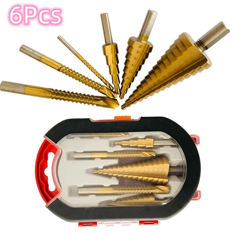 6pcs 4-12/4-20/4-32 mm HSS Straight Step Drill Bit Titanium Coated Wood Metal Hole Cutter Core Cone Drilling Tools Set Free 3mm