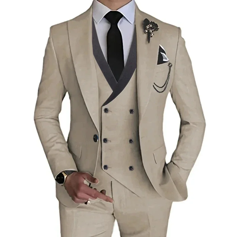 Men's British Style Fashion Boutique Slim Fit Party Stretch Fabric 3 Pieces Sets Suit Pants Vest Blazers Jacket Coat Trousers mens suit