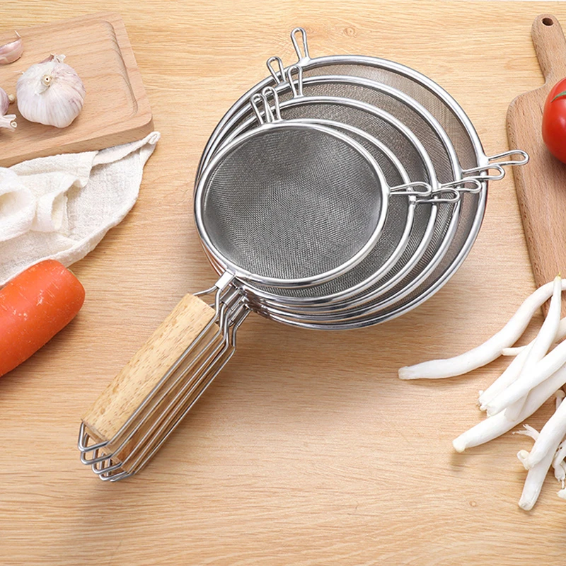 WoodenHandleStainlessSteelWireFineMeshOilStrainerMultifunctionFilterMeshFlour