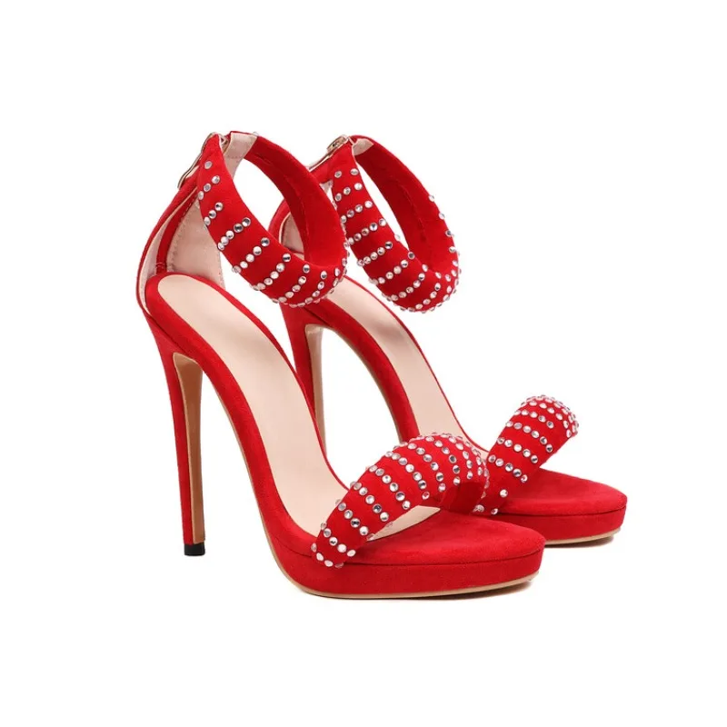 

Artificial Suede 12cm Ultra-high Heel Sandals Runway Nightclub Steel Pipe Dance Sandals Sexy Peep Toe Rhinestone Sandals 33-48