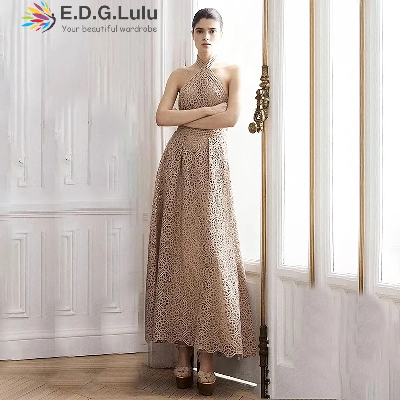 

EDGLuLu Sleeveless Backless Birthday Dresses Luxury 2024 Hollow Embroidered Pink Lace Dress Elegant Party Evening Dress 0609