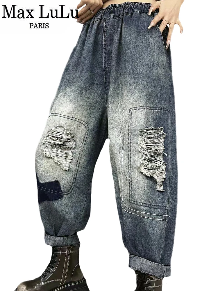 

Max LuLu Brand Vintage Womens Jeans Spring Korean 2024 Ripped Classic Denim Pants Loose Casual Patchwork Elastic Harem Trousers