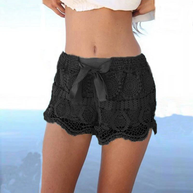 Summer Lace Floral Shorts Woman New Fashion 2021 Mini Mesh Lace Crochet Flower Tiered Elastic Waist Women Short beachwear white