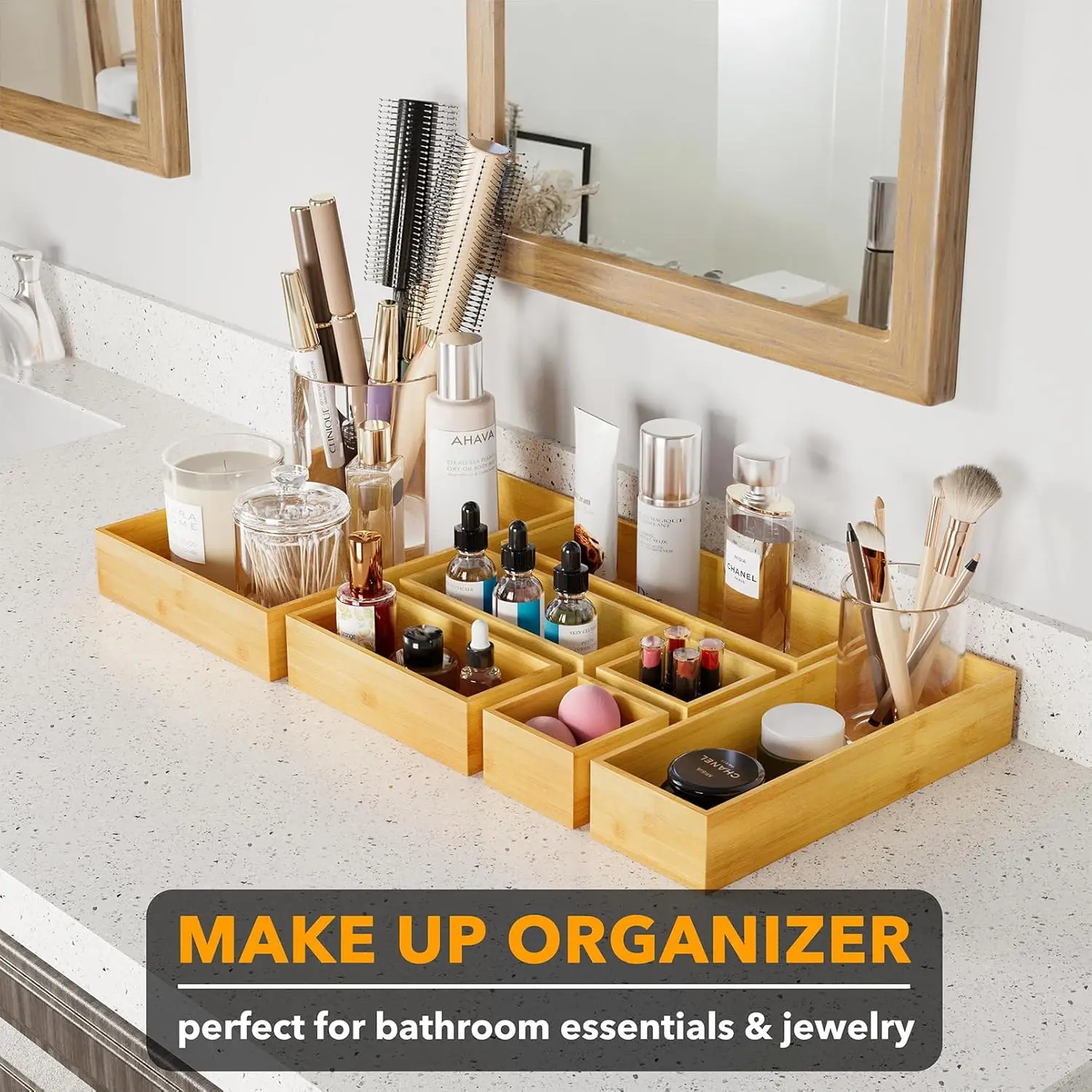 7-Piece Bamboo Drawer Organizer Storage Boxes Set, Wood Tray Junk Drawer Organizers Multi-Use Divider Bins for Kitchen, 6
