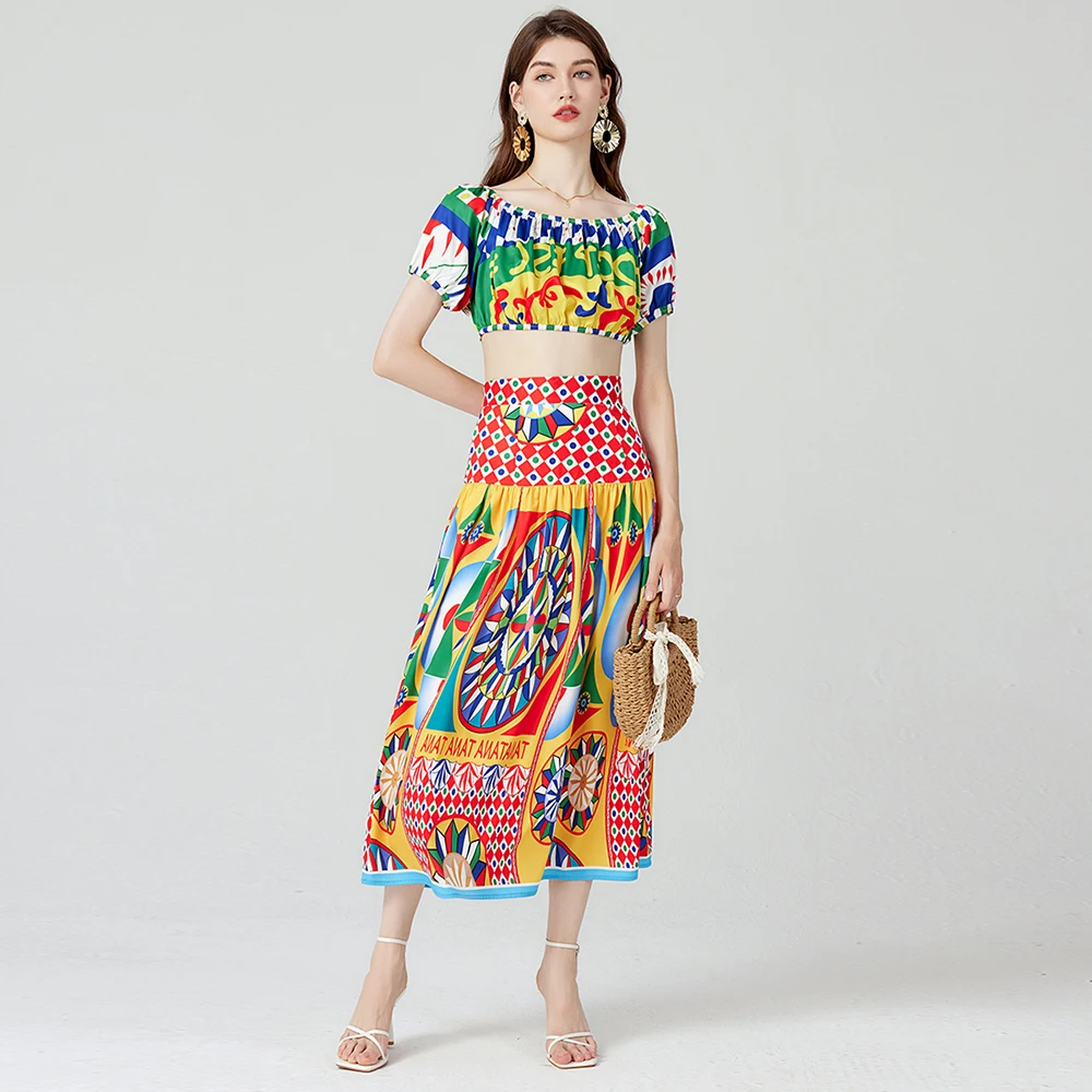 Runway Holiday Sicily Two Piece Set Women's Sexy Off The Shoulder Puff Sleeve Crop Tops + Flower Print Maxi Long Skirt Suits