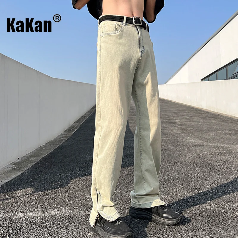 Kakan Side Zipper Split Washed Yellow Mud Dyed Jeans, High Street  Brand Long Jeans K24-ASN720