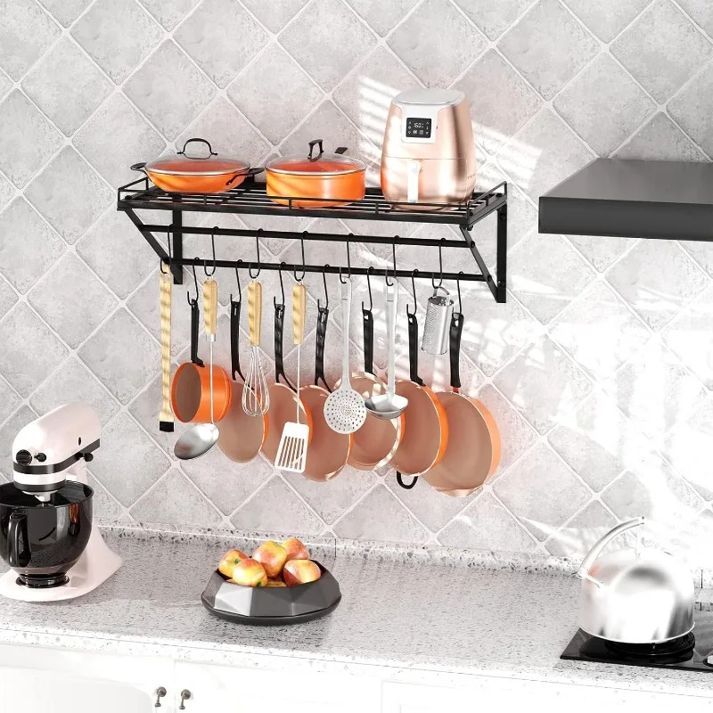 31 Inch Wall Mounted Pot Rack Storage Shelf with 2 Tier Hanging Rails 14 S Hooks included, Ideal for Pans 6
