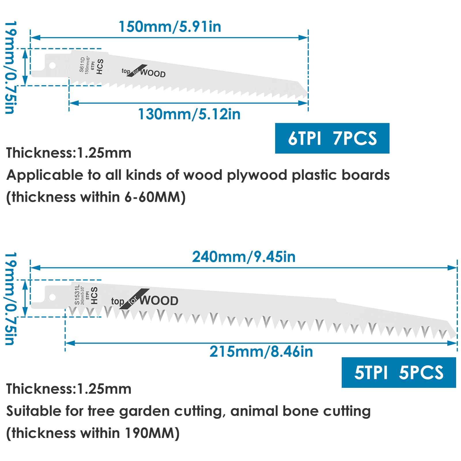 Reciprocating Saw Blades 12Pcs Reciprocating Saw Blade 6/9 Inch 6/5TPI High Carbon Steel Pruning Saw Blade Sharp Fast Cutting Woodworking Tool