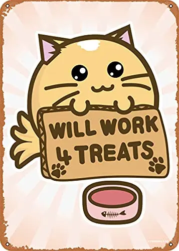 

Will Work for Treats Cat Vintage Look Metal Sign Patent Art Prints Retro Gift 8x12 Inch