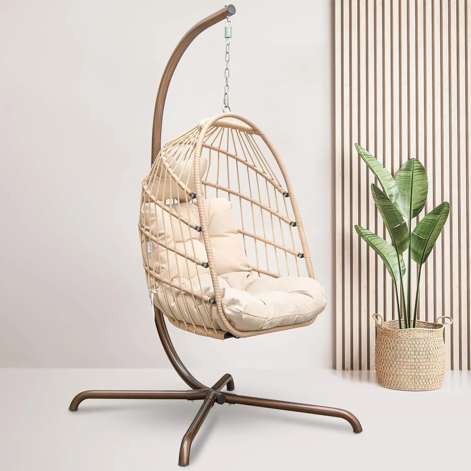 

RADIATA Foldable Wicker Rattan Hanging Egg Chair with Stand, Swing chair with Cushion and Pillow, Lounging Chair for Indoor
