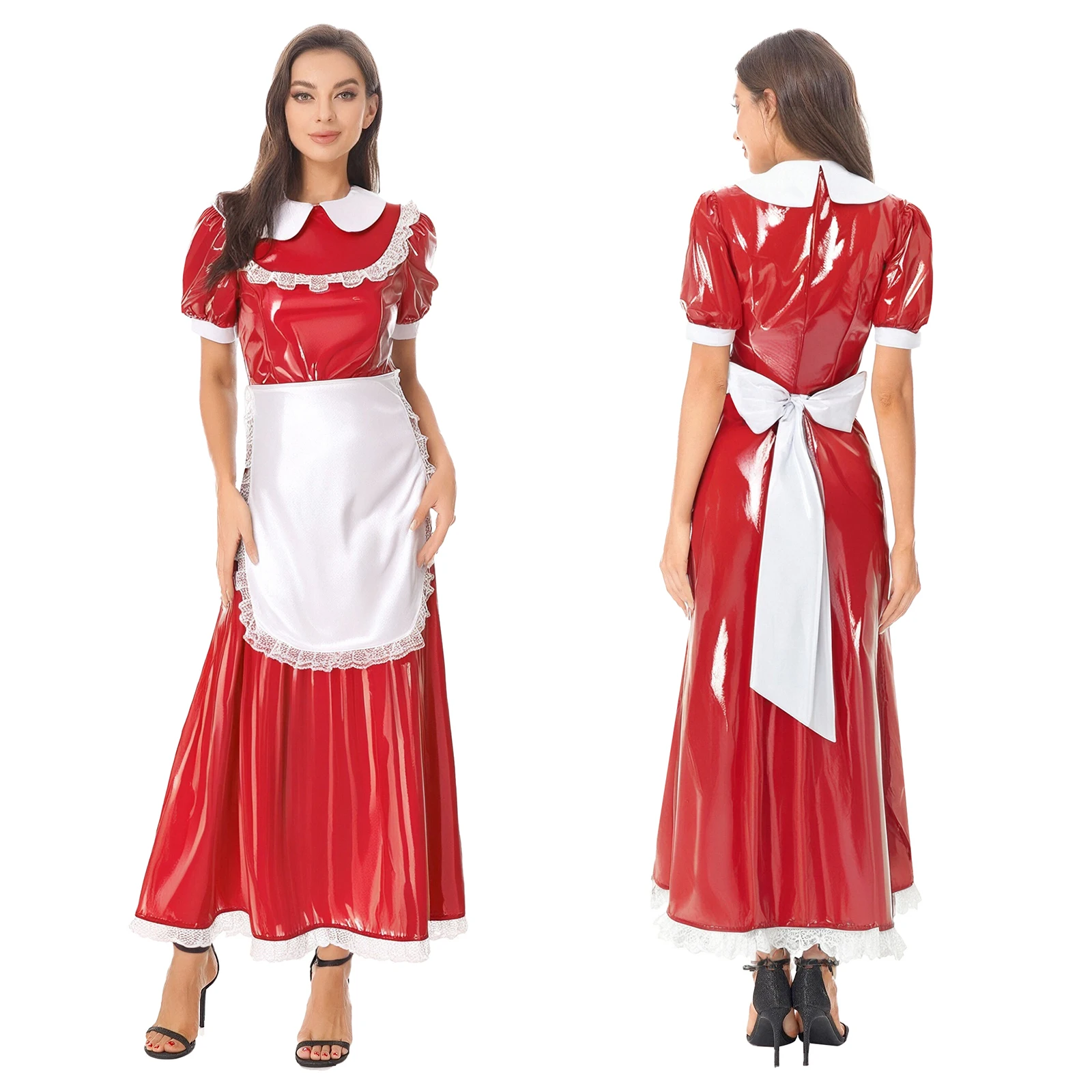 Womens French Maid PU Leather Latex Dress with Apron Satin Lace Trim Halloween Outfits Carnival Maid Servants Cosplay Costume