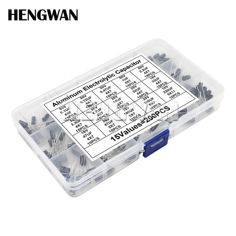 

200pcs Electrolytic Capacitor Assorted Kit 15Values 0.1UF - 220UF 10V 16V 25V 50V 100UF 47UF 22UF 10UF Aluminum Capacitance Box