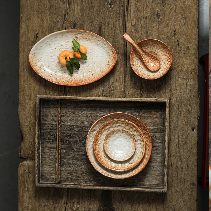 Handmade Shikino Japanese Cuisine Utensil Vegetable Dish Household Rough Pottery Retro Fish Dish Rice Bowl