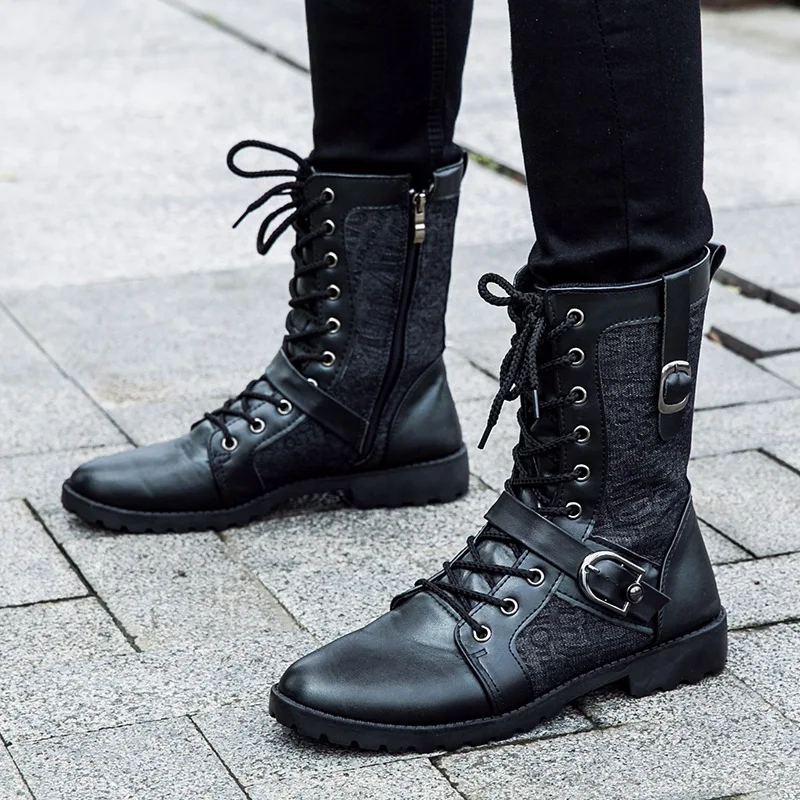 

Trendy Splicing Leather Boots Men British Four Seasons High-Top Boots Fashion Zip+Buckle Strap Motorcycle Boots Free Shipping